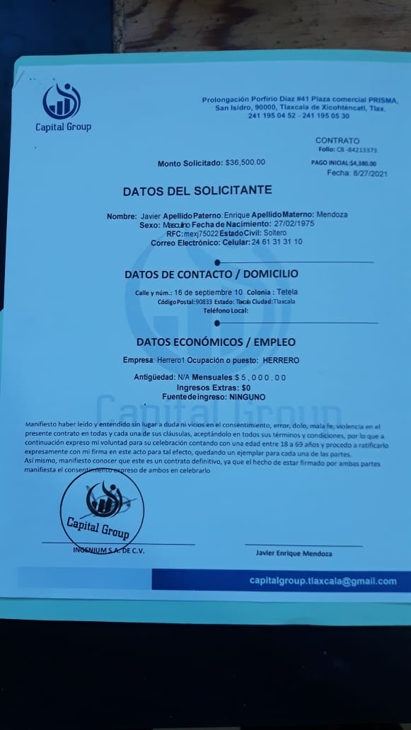 Financiadora Capital Group Tlaxcala hace fraudes y violenta migrantes 2 Contrato-Fraude-Financiera