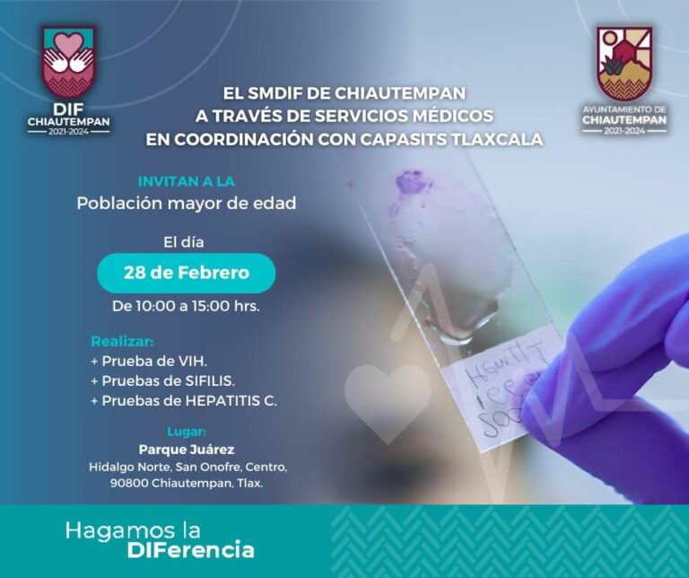 Pruebas gratuitas de VIH, Sífilis y Hepatitis C en Chiautempan este martes