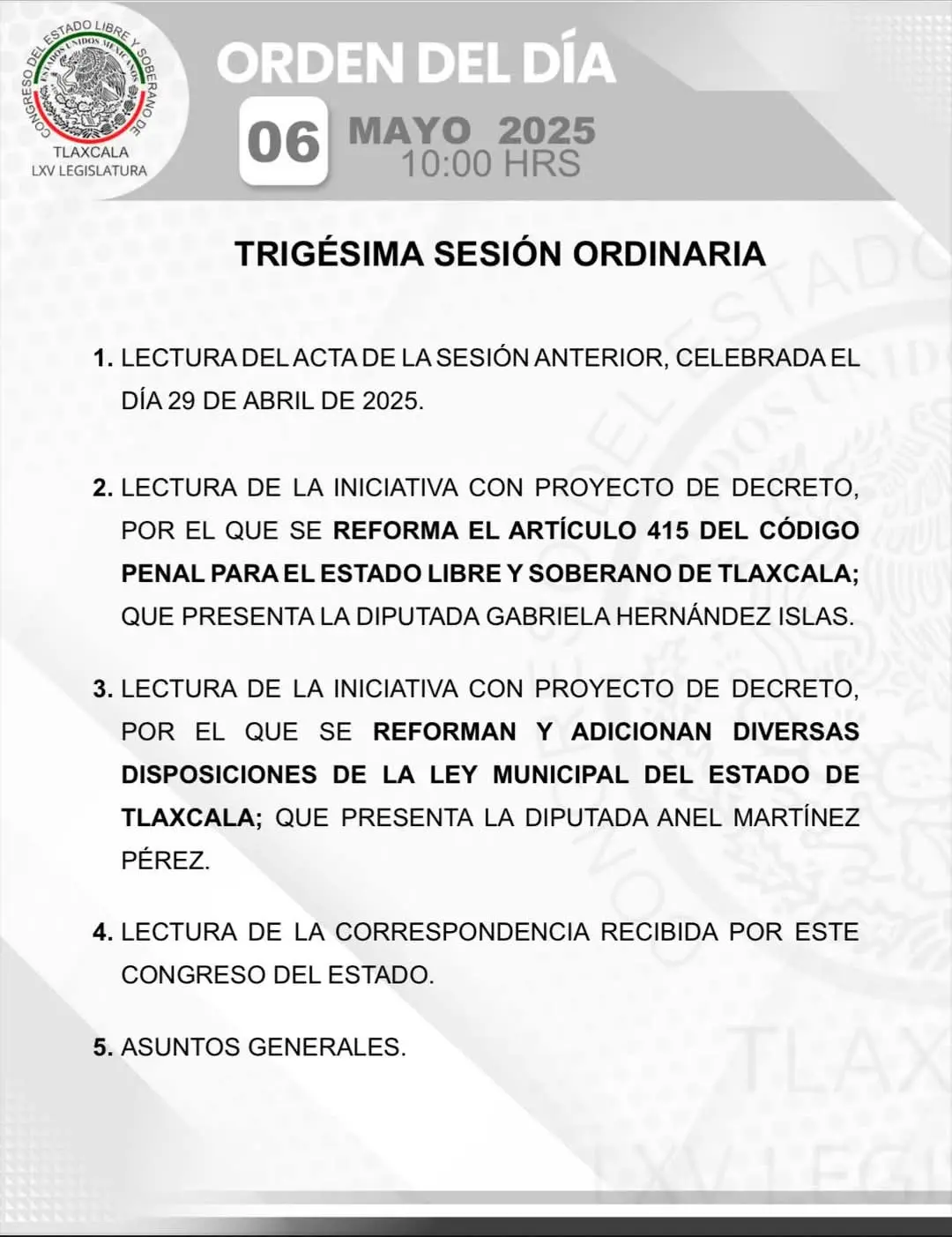 Iniciativas del Congreso de Tlaxcala en abril