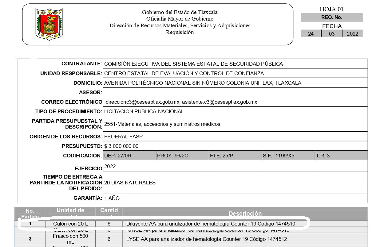 Sobre compra de hasta 1,250% en insumos del C3 en Tlaxcala para exámenes de confianza 2 1 1