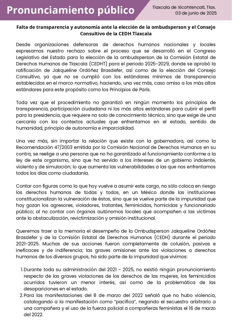 Escenario Tlaxcala se suma junto a 16 organizaciones al rechazo del proceso de elección de Jakqueline Ordóñez en la CEDHT