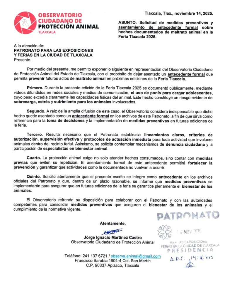 OCPA entrega escrito al patronato para fortalecer medidas de bienestar animal en futuras ediciones de la Feria de Tlaxcala