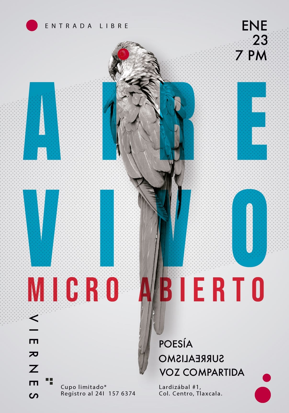 Este viernes 23 de enero, se llevará a cabo Aire vivo, una noche de micrófono abierto dedicada a la poesía, la narrativa y el surrealismo. El espacio invita a compartir textos, voz o incluso el silencio como forma de expresión. La actividad comenzará a las 19:00 horas y la entrada es libre, abierta a quienes deseen participar o simplemente escuchar. Una velada para dejar circular la palabra y la creatividad en un ambiente abierto y colectivo.