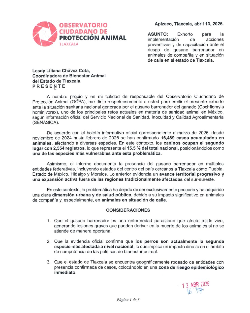 Exhortan a autoridades de Tlaxcala a prepararse ante riesgo de gusano barrenador en animales de compañía y en situación de calle