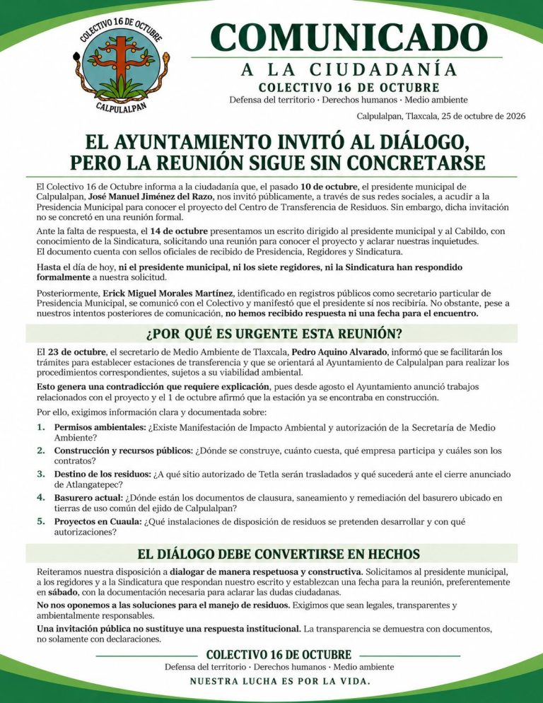 Colectivo 16 de octubre denuncia falta de respuesta del Ayuntamiento por proyecto de transferencia de residuos