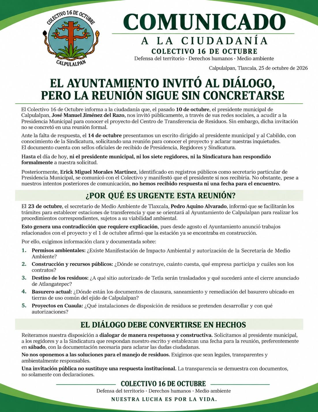 Colectivo 16 de octubre denuncia falta de respuesta del Ayuntamiento por proyecto de transferencia de residuos